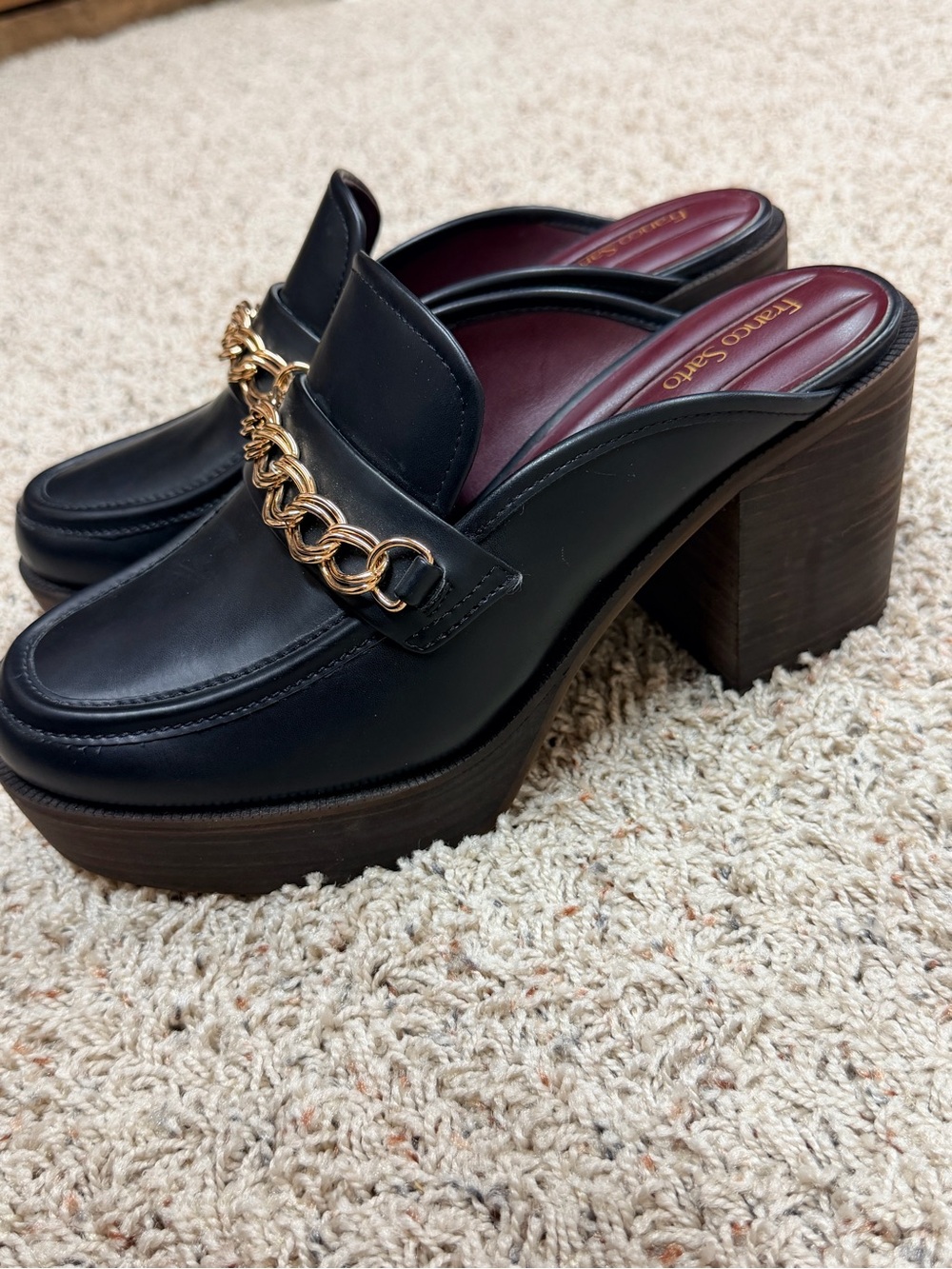 Franco Sarto Black Leather Chain-Trim Backless Loafers